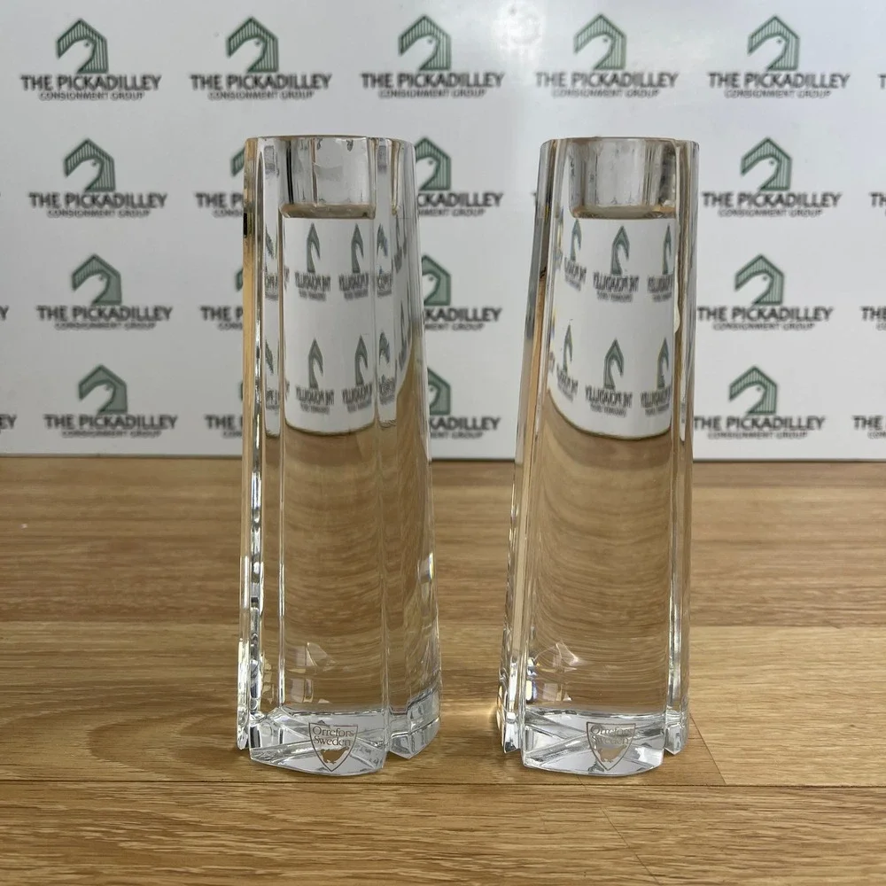 Orrefors Sweden Crystal Bud Vases Pair Hexagonal Tapered Clear Glass 7.5 Inch